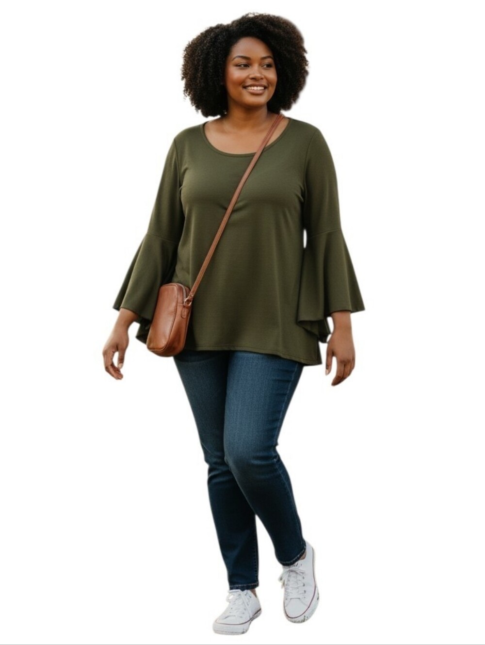 Ashley Stewart Stretchy Knit Army Green Bell Sleeve Top 18/20